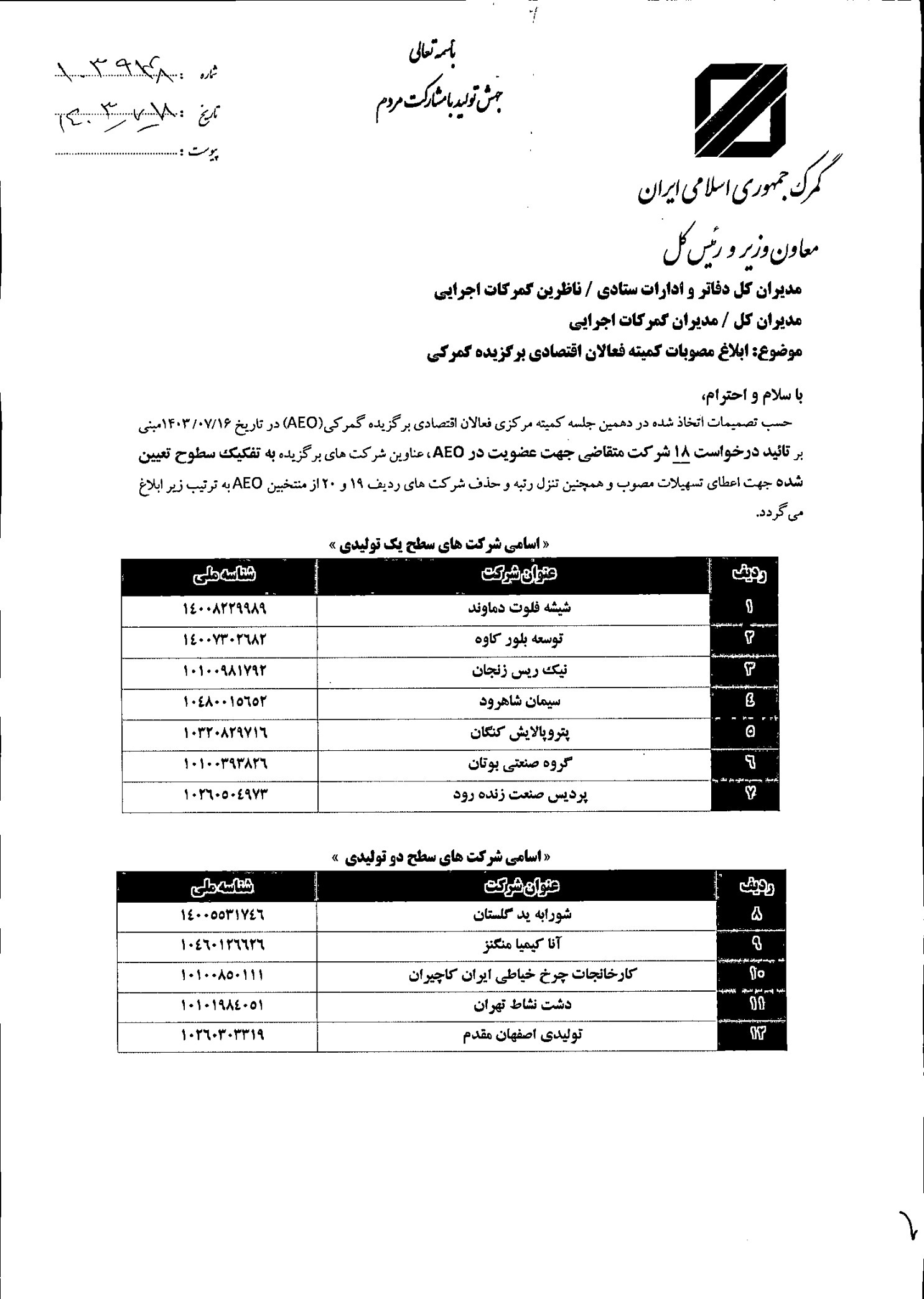 اعلام فهرست 18 شرکت متقضی جهت.عضویت در AEO